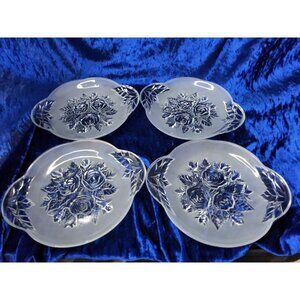 Vintage set of 4 KIG MALASIA Clear,Frosted Glass Embrosed 8" Rose Plates with Ha
